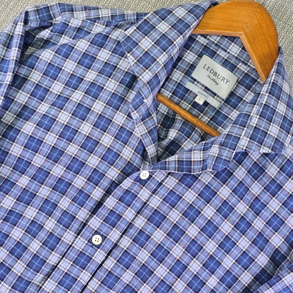 Ledbury Fine Shirting Shirt Mens L Slim Fit Blue Plaid Long Sleeve Spread Collar